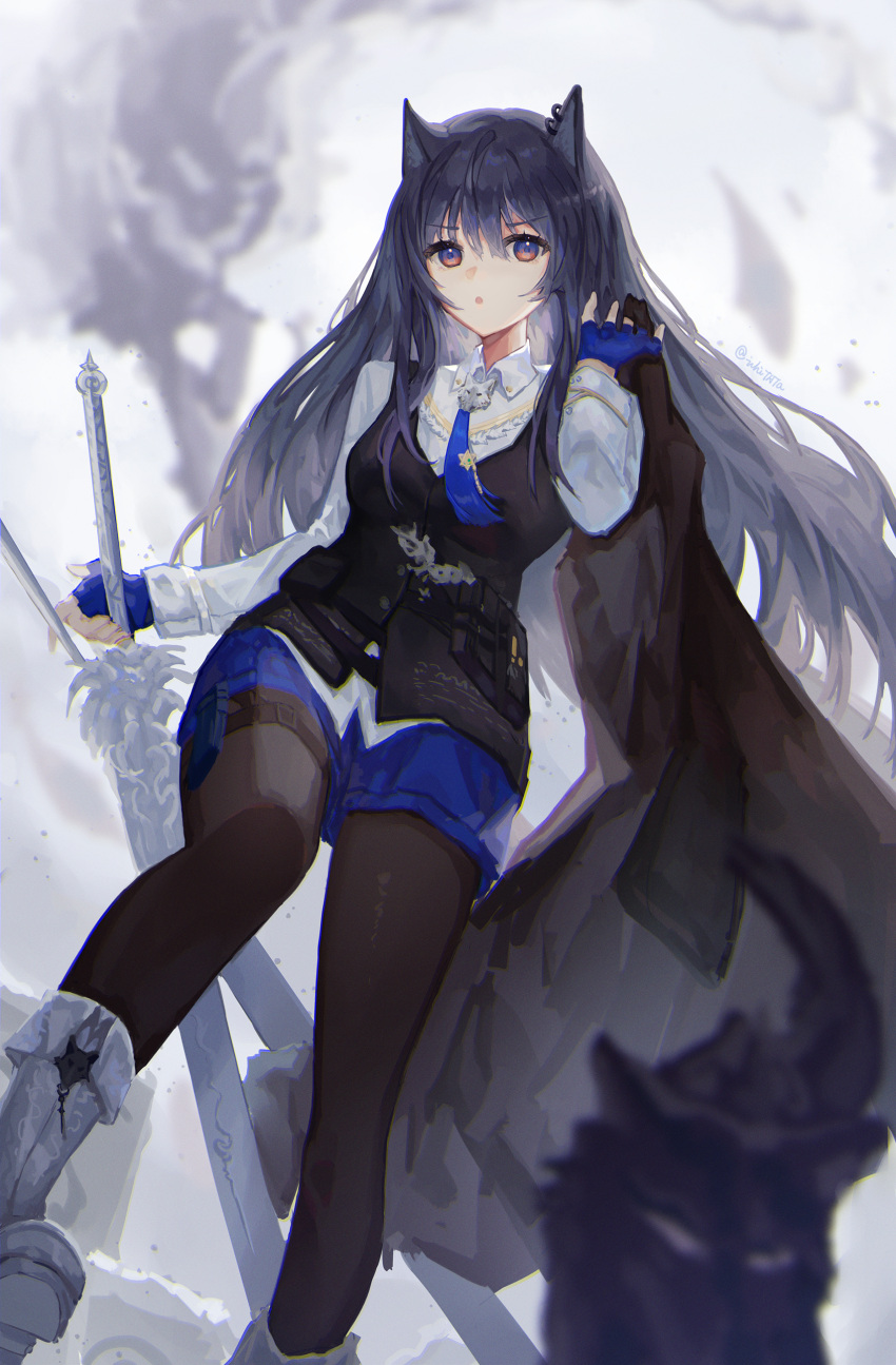 1girl :o absurdres animal_ears arknights black_hair black_jacket black_pantyhose black_vest blue_gloves blue_necktie blue_shorts boots breasts brown_eyes collared_shirt ear_piercing feet_out_of_frame fingerless_gloves gloves highres holding holding_clothes holding_jacket holding_sword holding_weapon ichita_(yixisama-shihaohaizhi) jacket jacket_removed long_hair looking_at_viewer necktie official_alternate_costume pantyhose pantyhose_under_shorts piercing shirt shorts simple_background small_breasts sword texas_(arknights) texas_the_omertosa_(arknights) very_long_hair vest weapon white_background white_shirt wolf_ears wolf_girl