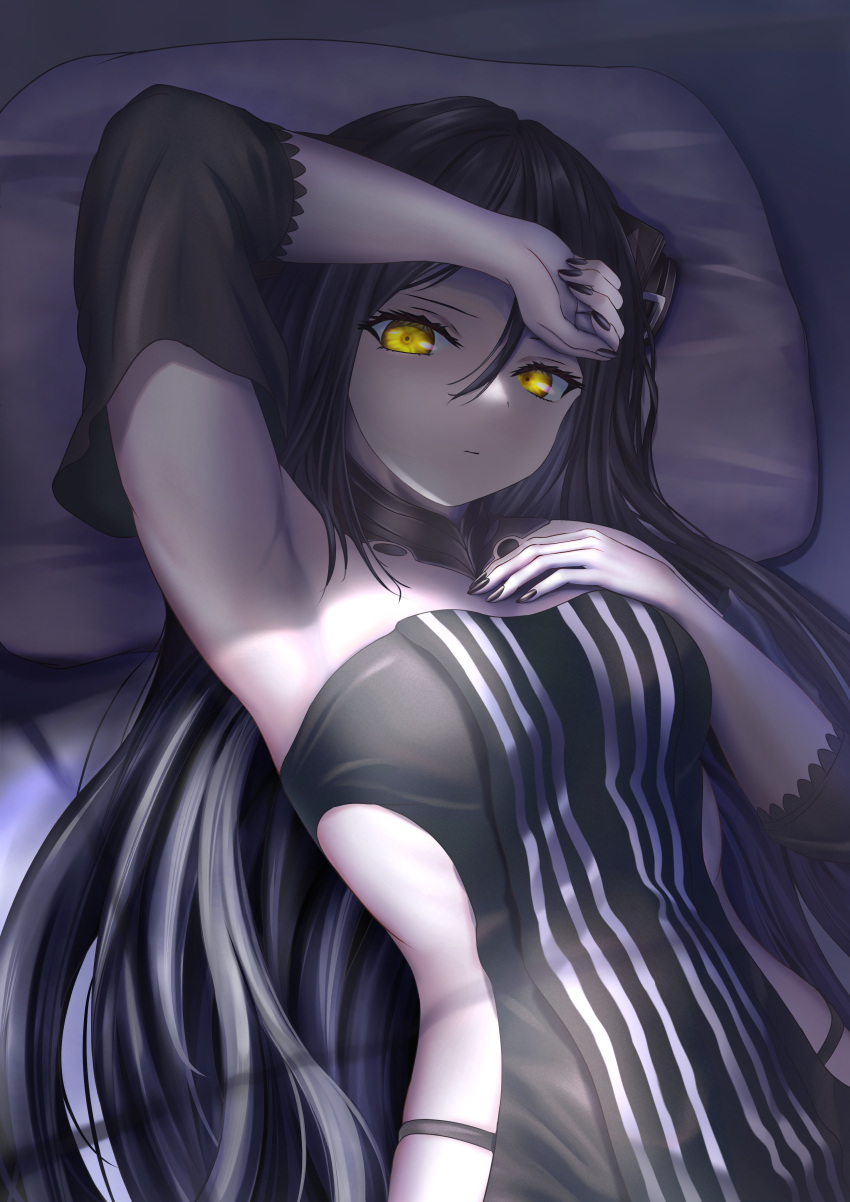 1girl absurdres android armpits bed black_hair black_nails breasts commentary detached_sleeves dreamer_(girls'_frontline) expressionless eyelashes girls_frontline highres long_hair looking_at_viewer lying medium_breasts nail_polish on_back on_bed pale_skin pillow revealing_clothes sangvis_ferri waking_up yellow_eyes
