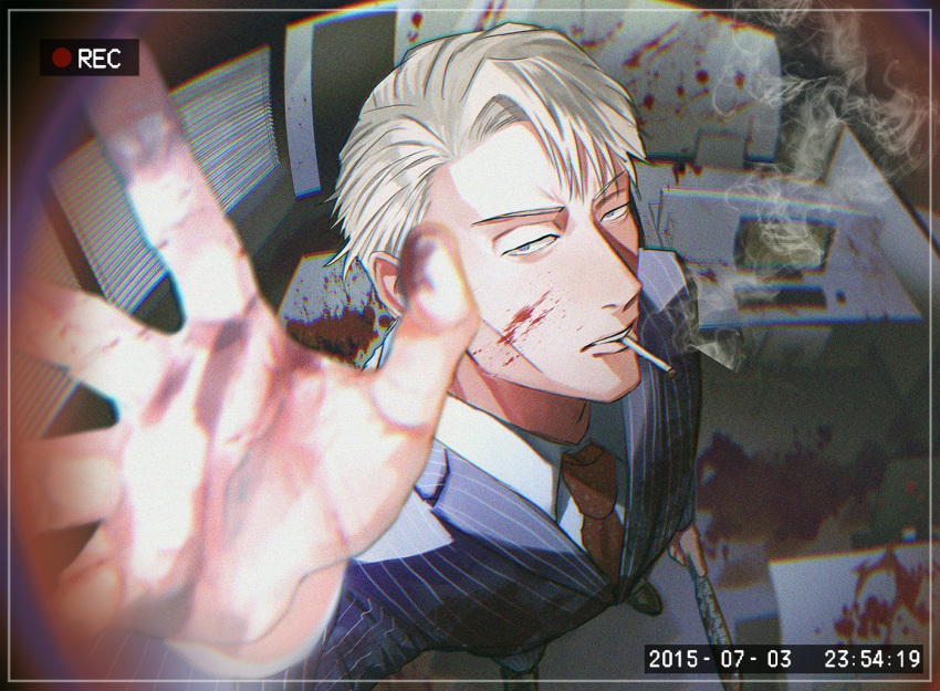 1boy black_shirt blonde_hair blood blood_on_face blue_eyes cigarette formal from_above full_body haine_(xo_hin) jujutsu_kaisen lips looking_at_viewer male_focus mouth_hold nanami_kento necktie office parted_lips pinstripe_pattern pinstripe_suit recording red_necktie shirt short_hair smoking solo striped suit