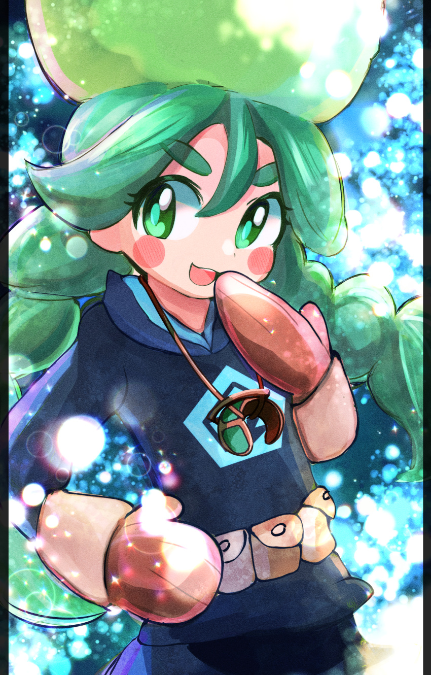1girl :d absurdres bangs blue_jacket blush_stickers braid bright_pupils brown_mittens commentary_request eyelashes fur_hat green_eyes green_hair green_headwear hair_between_eyes hand_up hat highres jacket kayucha_(xnsushi) long_hair long_sleeves looking_to_the_side open_mouth pokemon pokemon_(game) pokemon_legends:_arceus sabi_(pokemon) smile solo