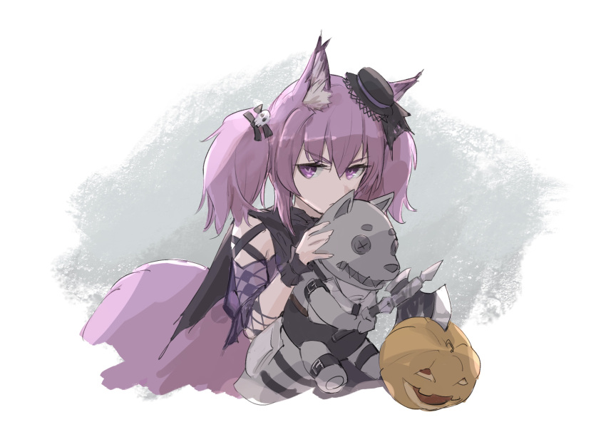 1girl animal_ear_fluff animal_ears arknights axe bangs black_headwear e-bushi hair_between_eyes hat highres holding holding_axe jack-o'-lantern looking_at_viewer mini_hat purple_hair shamare_(arknights) solo stuffed_animal stuffed_dog stuffed_toy tail twintails v-shaped_eyebrows violet_eyes wrist_cuffs