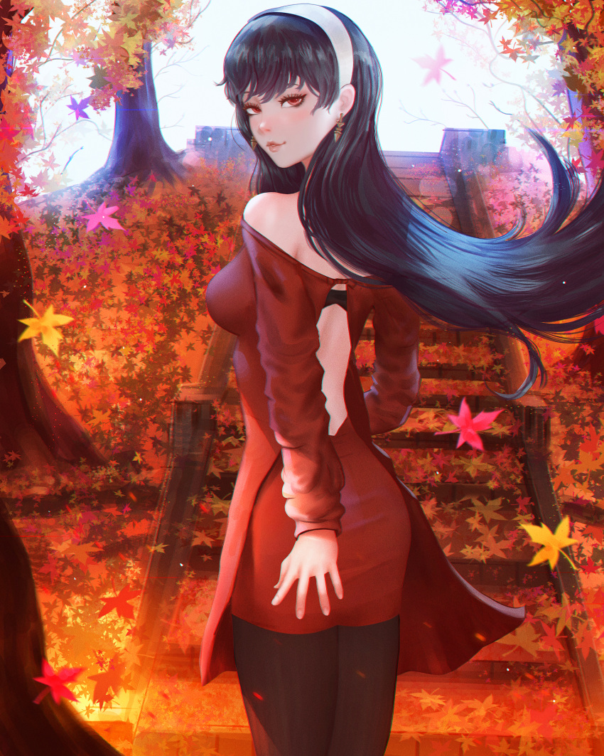 1girl autumn_leaves bangs black_hair black_pantyhose blush breasts day dress from_behind hairband highres lips long_hair looking_at_viewer looking_back mcdobo medium_breasts off-shoulder_sweater off_shoulder outdoors pantyhose red_dress red_eyes solo spy_x_family sweater sweater_dress white_hairband wind yor_briar