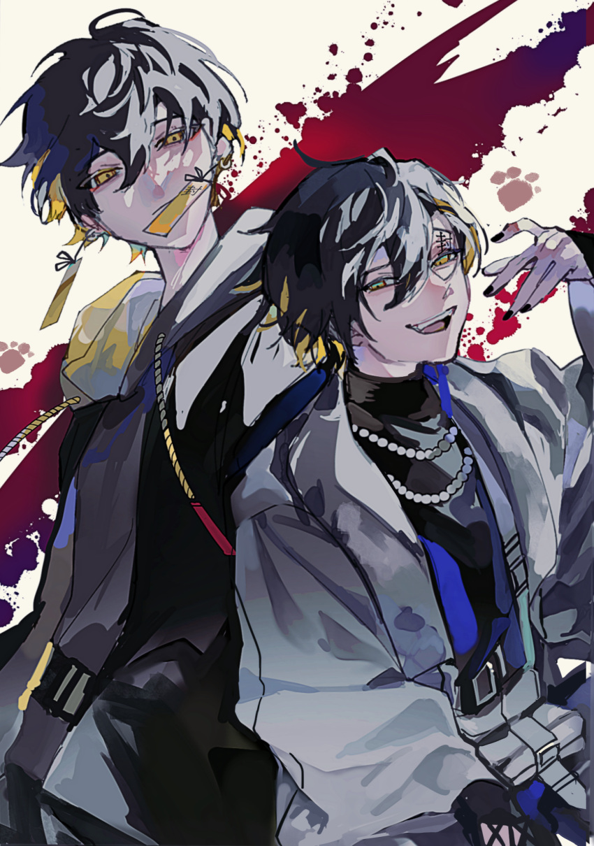 2boys :d bead_necklace beads belt_pouch black_coat black_gloves black_hair black_nails black_shirt blonde_hair blood blood_splatter closed_mouth coat drawstring dual_persona earrings evil_smile facial_tattoo gloves grey_hoodie hair_between_eyes hand_up highres holostars hood hood_down hoodie jacket jewelry looking_at_viewer male_focus multicolored_hair multiple_boys necklace official_alternate_costume pouch shanti_(vocaloid) shirt short_hair smile suda_(svdaaa) tattoo teeth turtleneck two-tone_hair upper_body upper_teeth virtual_youtuber white_background white_jacket yatogami_fuma yellow_eyes