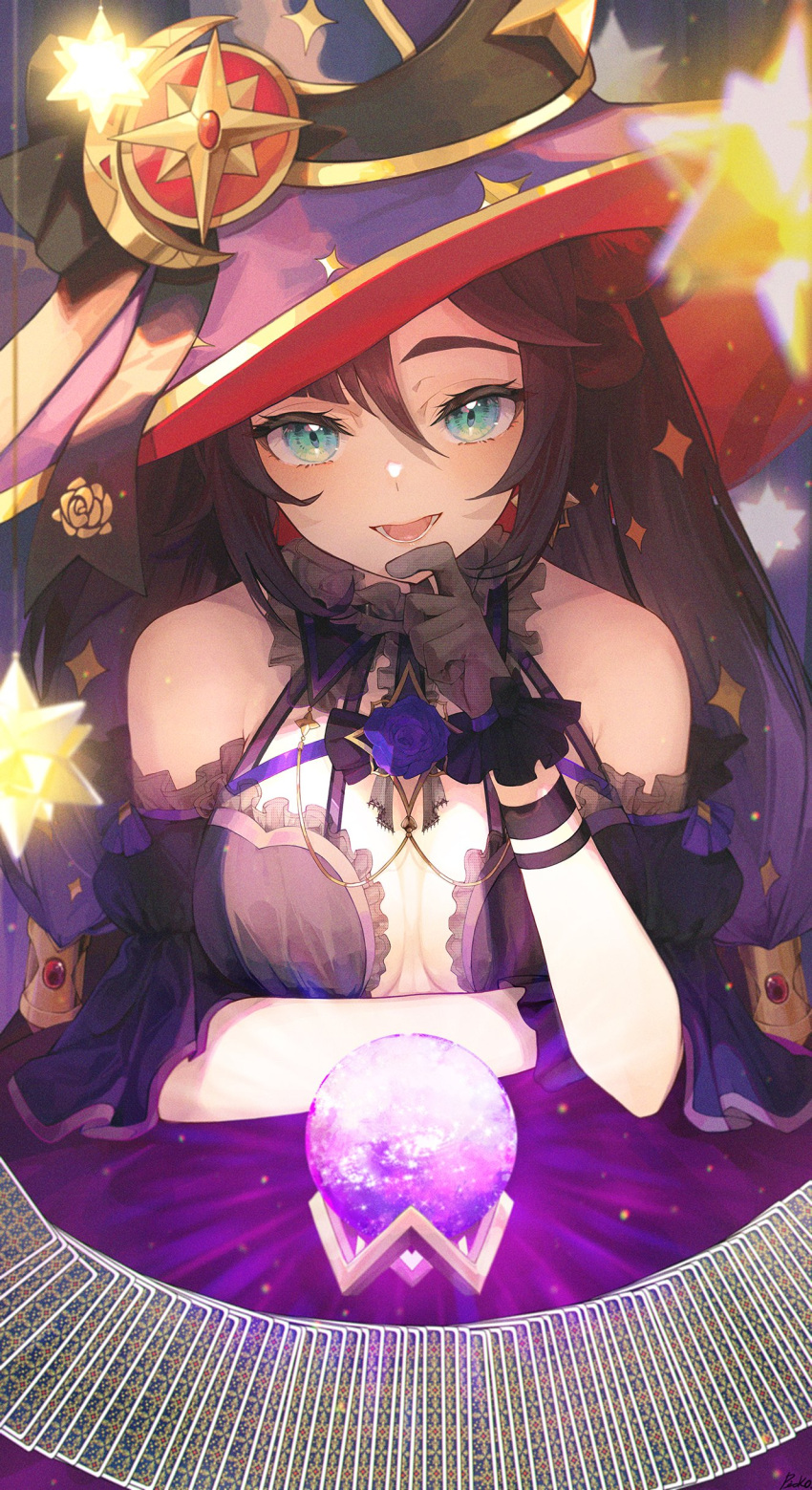 1girl absurdres bare_shoulders black_hair blue_headwear blush breasts card detached_sleeves earrings finger_to_mouth fur_collar genshin_impact gold_trim green_eyes hat hat_ornament highres jewelry long_hair looking_at_viewer medium_breasts mona_(genshin_impact) open_mouth pistachiocream small_breasts smile solo sparkle_print star_(symbol) star_earrings tarot twintails witch_hat