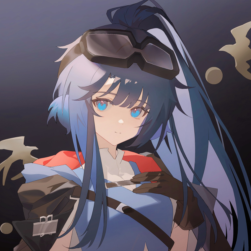 1girl absurdres arknights astgenne_(arknights) black_background black_cape black_gloves blue_eyes blue_shirt cape gloves goggles goggles_on_head hand_up highres long_hair looking_at_viewer pingdiguo ponytail shirt simple_background solo upper_body
