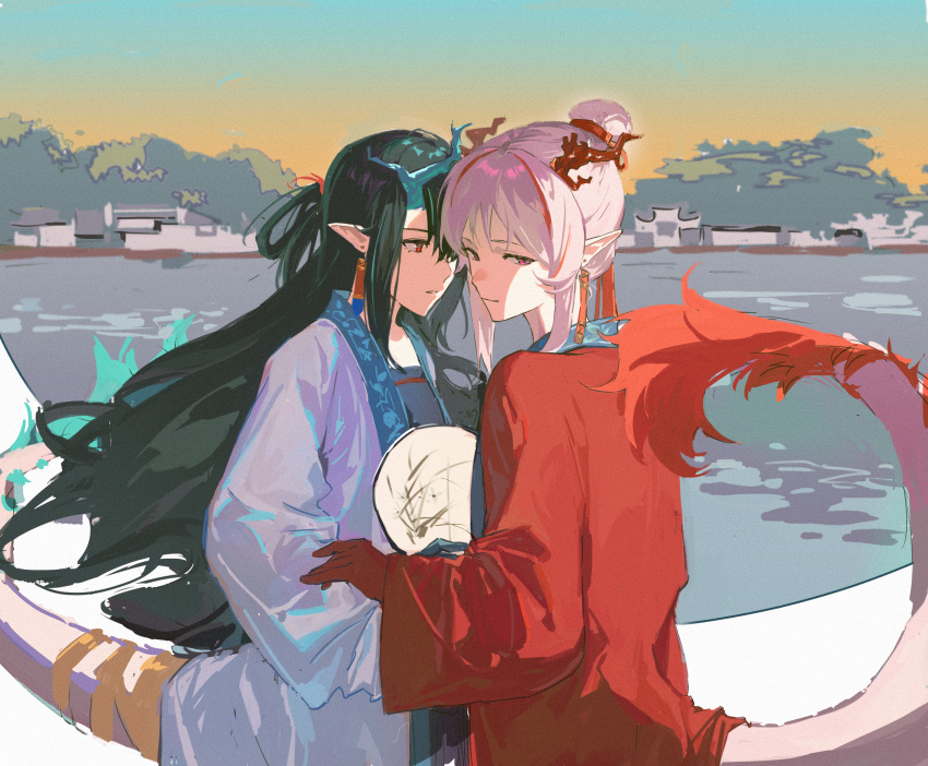 2girls aqua_hair aqua_horns arknights closed_mouth colored_skin commentary_request dragon_girl dragon_horns dragon_tail dusk_(arknights) earrings flame-tipped_tail hair_bun highres horns jewelry long_hair multicolored_hair multiple_girls nian_(arknights) parted_lips pe902 pointy_ears red_eyes red_horns redhead short_hair siblings sidelocks streaked_hair tail tassel tassel_earrings very_long_hair white_hair