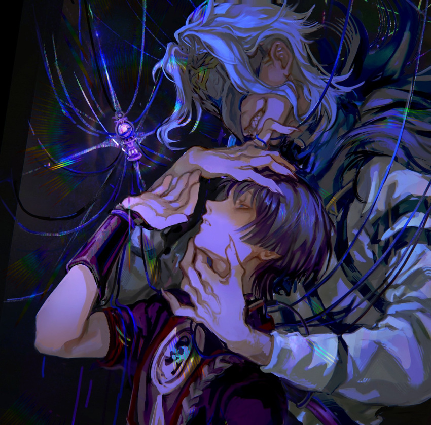 2boys arm_armor arm_up bangs belt black_background black_belt black_hair black_shirt bloom blue_eyes blue_hair choker closed_mouth coat dottore_(genshin_impact) english_commentary eye_mask fingernails fur-trimmed_hood fur_trim gem genshin_impact gold grey_choker grey_coat hair_between_eyes hand_on_another's_face hand_on_another's_head hand_up hands_up highres hood hooded_coat jewelry juliet_sleeves light long_fingernails long_sleeves looking_up male_focus mandarin_collar mask mitsudomoe_(shape) multiple_boys necklace no_headwear open_mouth pom_pom_(clothes) puffy_sleeves purple_gemstone scaramouche_(genshin_impact) sharp_teeth shirt short_hair short_sleeves sidelocks simple_background standing teeth thijikoy tomoe_(symbol) vision_(genshin_impact)