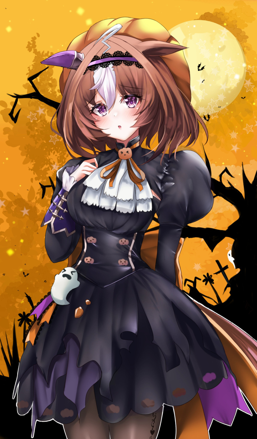 1girl :o absurdres ahoge animal_ears arm_behind_back ascot back_bow bangs bare_tree bat_(animal) black_dress blush bow brown_hair commentary cowboy_shot days_in_a_flash_(umamusume) dress ear_covers frilled_sleeves frills frown full_moon ghost ghost_ornament graveyard hairband halloween halloween_costume hand_on_own_chest hat high_collar highres horse_ears horse_girl horse_tail jack-o'-lantern_ornament juliet_sleeves lace-trimmed_hairband lace_trim large_bow long_sleeves looking_at_viewer medium_hair meisho_doto_(dot-o'-lantern)_(umamusume) meisho_doto_(umamusume) moon multicolored_hair neck_ribbon night official_alternate_costume orange_bow orange_headwear orange_ribbon orange_sky outdoors parted_lips puffy_sleeves pumpkin_hat purple_hairband ribbon setu_(shining12) short_dress single_ear_cover sky solo standing tail tree two-tone_hair umamusume violet_eyes white_ascot white_hair
