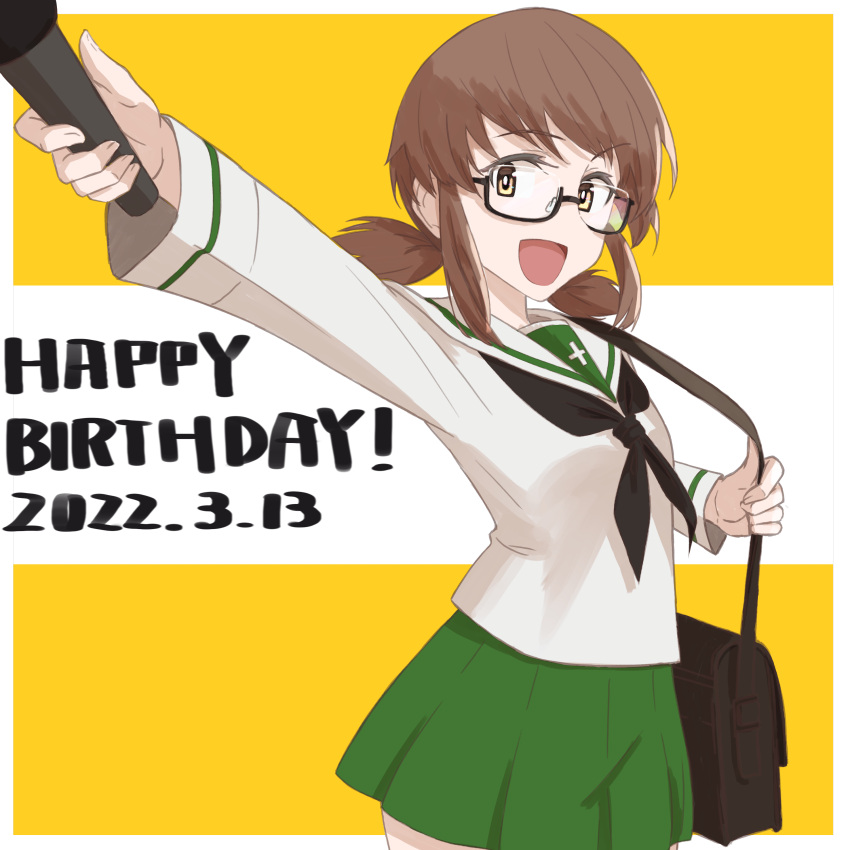 1girl :d absurdres arm_up bag birthday black-framed_eyewear black_neckerchief blouse brown_eyes brown_hair carrying commentary dated english_text girls_und_panzer glasses green_skirt happy_birthday highres holding holding_microphone long_sleeves looking_at_viewer low_twintails microphone miniskirt neckerchief ooarai_school_uniform open_mouth oritako ou_taiga pleated_skirt sailor_collar satchel school_uniform semi-rimless_eyewear serafuku shirt short_hair short_twintails skirt smile solo standing twintails under-rim_eyewear white_sailor_collar white_shirt