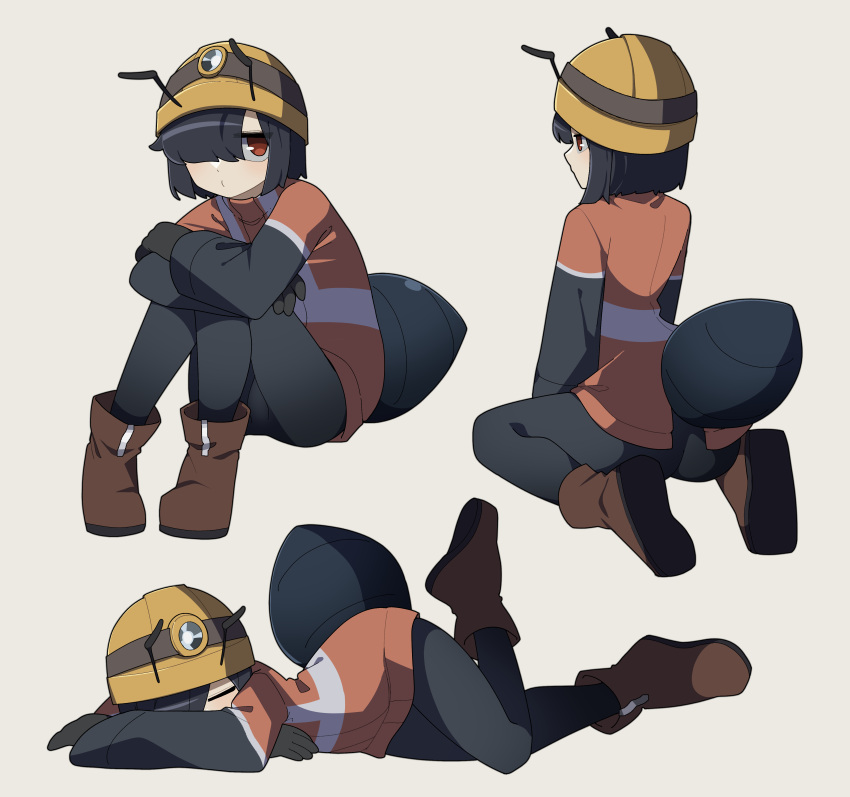 1girl absurdres ant_girl antennae black_gloves black_hair boots brown_footwear gloves gomulgong hair_over_one_eye highres knees_up looking_at_viewer multiple_views original pantyhose red_eyes simple_background sleeping tan_background tired_ant_(gomulgong)