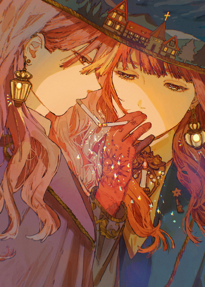 2girls absurdres bangs brown_hair building candle cigarette_kiss commentary_request cross eyelashes fireworks gloves hair_behind_ear half-closed_eyes hand_up hat highres key lantern lantern_earrings long_hair long_sleeves looking_away moon_(symbol) mouth_hold multiple_girls night night_sky original pine_tree portrait profile qooo003 red_eyes red_gloves redhead sky smoking sparkler sun_symbol surreal tree