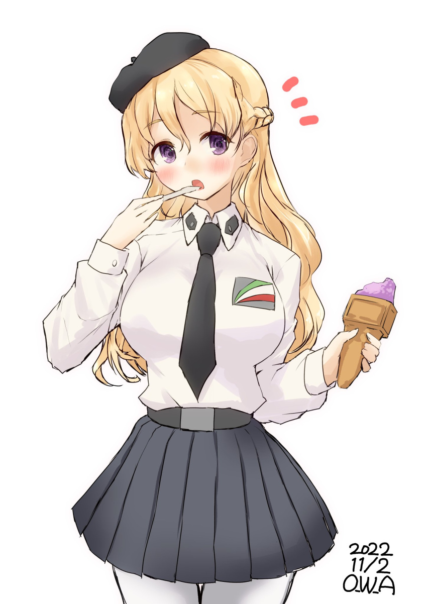 1girl anzio_school_uniform artist_name black_skirt blonde_hair braid breasts collared_shirt cosplay dated dress_shirt eating food french_braid girls_und_panzer highres ice_cream kantai_collection large_breasts long_hair one-hour_drawing_challenge owa_(ishtail) pantyhose pleated_skirt school_uniform shirt simple_background skirt solo violet_eyes wavy_hair white_background white_pantyhose white_shirt zara_(kancolle)
