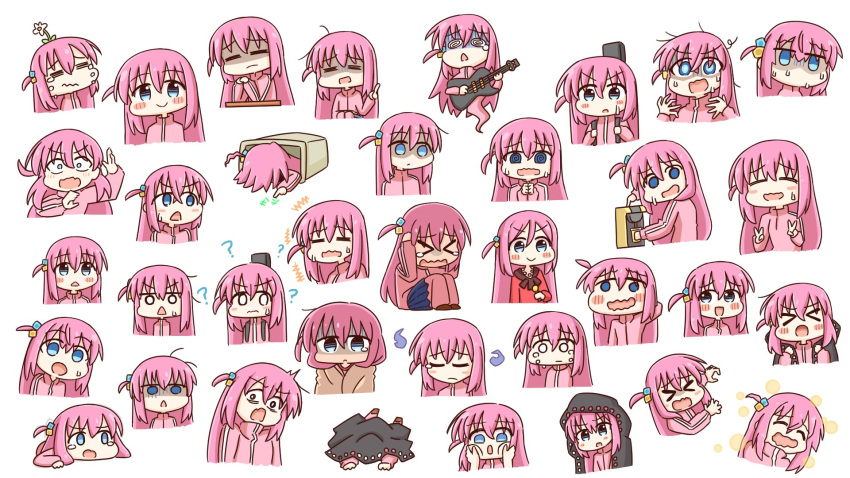 &gt;_&lt; 1girl @_@ artist_request bangs blue_eyes blush_stickers bocchi_the_rock! closed_eyes closed_mouth collage commentary_request cube_hair_ornament expressions gotou_hitori guitar hair_cubes hair_ornament highres holding holding_instrument instrument jacket jersey long_hair multiple_views one_side_up open_mouth pink_hair pink_jacket sweatdrop track_jacket upper_body white_background