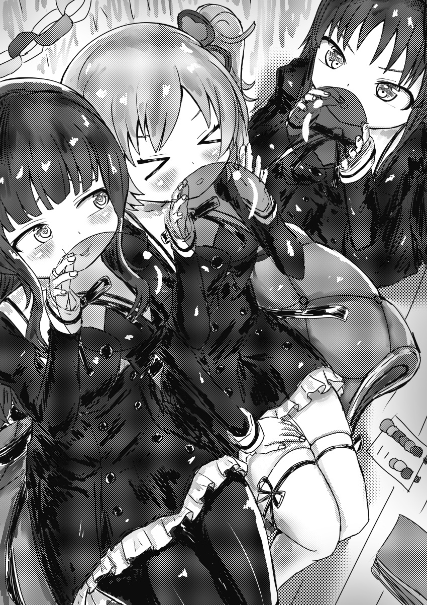 &gt;_&lt; 3girls absurdres ao_daidai_ki assault_lily balloon bangs blunt_bangs blush buttons closed_eyes clover commentary couch cropped_jacket four-leaf_clover frilled_skirt frills from_above greyscale hand_on_another's_thigh hand_up hands_up high-waist_skirt highres hitotsuyanagi_riri holding holding_balloon indoors inflating juliet_sleeves kaede_johan_nouvel leg_ribbon long_hair long_sleeves looking_at_another looking_to_the_side miniskirt monochrome multiple_girls neck_ribbon on_couch on_floor one_side_up pantyhose parted_lips puffy_sleeves raised_eyebrows ribbon school_uniform shirai_yuyu short_hair side-by-side sidelocks sideways_glance sitting skirt smirk swept_bangs thigh-highs thigh_ribbon transparent v-shaped_eyebrows yuri yurigaoka_girls_academy_school_uniform zettai_ryouiki