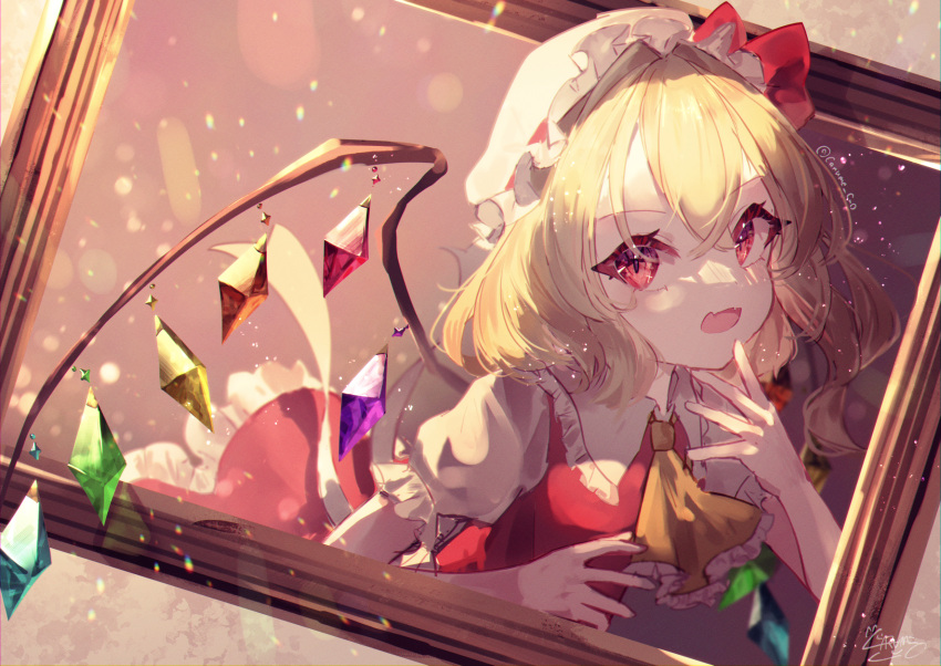1girl ascot blonde_hair blush bow carume_cuo commentary crystal fang flandre_scarlet frilled_shirt_collar frilled_skirt frills hair_between_eyes hands_up hat hat_bow highres looking_at_viewer medium_hair mob_cap open_mouth picture_frame puffy_short_sleeves puffy_sleeves red_bow red_eyes red_skirt red_vest shirt short_sleeves signature skin_fang skirt solo touhou twitter_username upper_body vest white_headwear white_shirt wings yellow_ascot