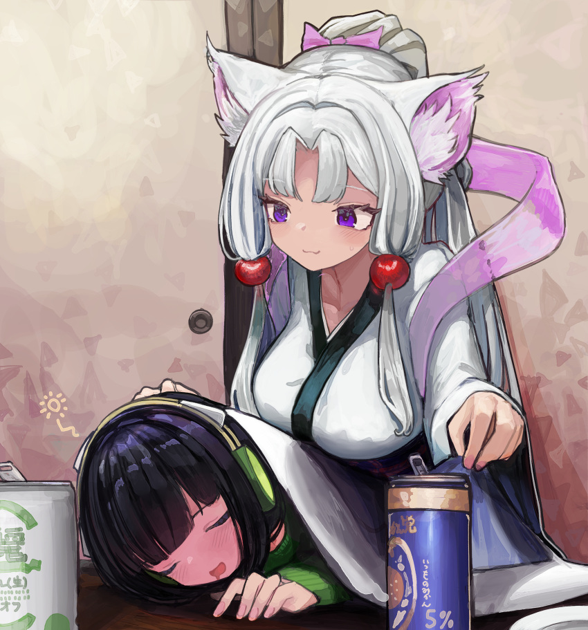 2girls :3 absurdres animal_ear_fluff animal_ears bangs black_hair blanket blush bow breasts can closed_eyes closed_mouth drooling fingernails fox_ears fox_girl full-face_blush hagoromo hair_bobbles hair_bow hair_intakes hair_ornament headphones highres japanese_clothes kimono kyoumachi_seika large_breasts long_hair long_sleeves microa multiple_girls open_mouth pink_bow see-through shawl short_hair sleeves_past_wrists smile touhoku_itako tucking_in violet_eyes voiceroid white_hair white_kimono wide_sleeves
