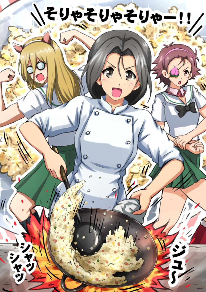 3girls :d alternate_costume animal_ears arms_up black_bow black_bowtie black_socks blouse bow bowtie brown_eyes brown_hair cat_ears chef_uniform coke-bottle_glasses collar commentary cooking detached_collar fake_animal_ears flexing food freckles fried_rice frown fruit girls_und_panzer glasses green_skirt grey_eyes grey_hair hair_between_eyes hair_pulled_back hairband highres holding jacket long_hair looking_at_viewer low_ponytail medium_skirt momogaa_(girls_und_panzer) motion_lines multiple_girls nekonyaa_(girls_und_panzer) omachi_(slabco) ooarai_school_uniform open_mouth peach pink_collar pink_hairband piyotan_(girls_und_panzer) pleated_skirt ponytail pose red_eyes redhead round_eyewear sailor_collar school_uniform serafuku shirt short_sleeves skillet skirt smile socks spatula standing translated white_jacket white_sailor_collar white_shirt