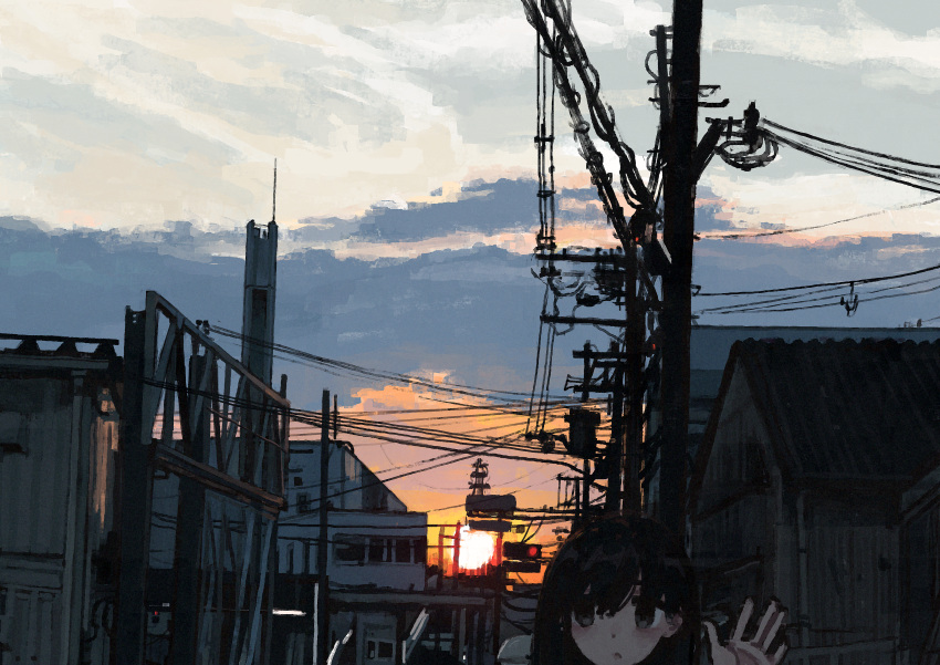 1girl absurdres black_eyes black_hair building clouds evening gradient_sky hand_up head_only highres house orange_sky original outdoors power_lines scenery sky solo sun sunset traffic_light uniunimikan upper_body utility_pole