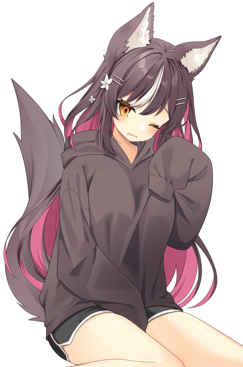 1girl animal_ear_fluff animal_ears bangs black_hoodie blush brown_hair chisaka_airi collarbone commentary commission dolphin_shorts drooling flower hair_flower hair_ornament hairclip highres hood hoodie multicolored_hair one_eye_closed phase_connect pink_hair sentouryoku_5 shorts simple_background sitting skeb_commission sleeves_past_fingers sleeves_past_wrists solo streaked_hair tail thighs very_long_sleeves virtual_youtuber waking_up wariza white_background wolf_ears wolf_girl wolf_tail