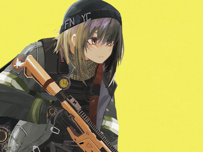 1girl agent_vector_(girls'_frontline) crossover emblem firefighter firefighter_jacket gun holding holding_gun holding_weapon jacket kanoe_(kanoe502) kriss_vector new_york_city_fire_department official_alternate_costume scarf solo submachine_gun tom_clancy's_the_division watch watch weapon woollen_cap