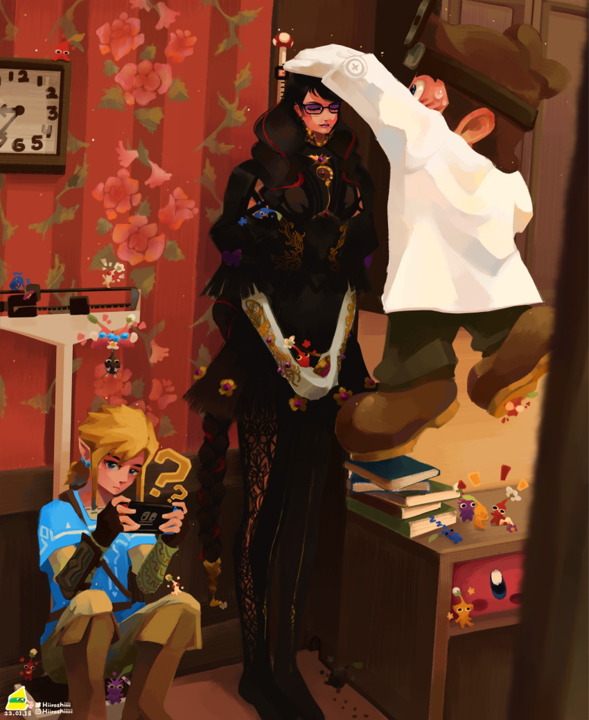 1girl 2boys bayonetta bayonetta_(series) black_hair blonde_hair bodysuit brown_hair clock closed_eyes closed_mouth dated dr._mario dr._mario_(game) english_commentary glasses gloves handheld_game_console height_difference highres hiroshi_(hiiroshiiii) holding holding_handheld_game_console indoors instagram_username labcoat link long_hair long_sleeves looking_at_another looking_at_viewer mario measuring multiple_boys nintendo_switch own_hands_together pikmin_(creature) pikmin_(series) playing_games short_hair sitting standing super_mario_bros. tall_female the_legend_of_zelda the_legend_of_zelda:_breath_of_the_wild twitter_username v_arms very_long_hair wall_clock
