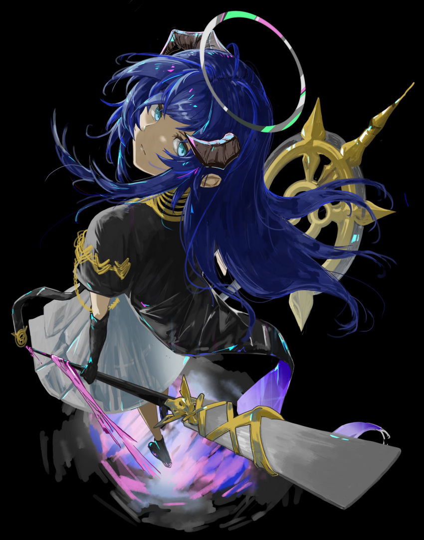 1girl angel arknights black_background black_gloves blue_eyes blue_hair chiriejjiyo closed_mouth dragon_horns elbow_gloves fallen_angel gloves halo highres holding holding_staff horns long_hair mostima_(arknights) mostima_(spellbreaker)_(arknights) official_alternate_costume sidelocks solo staff