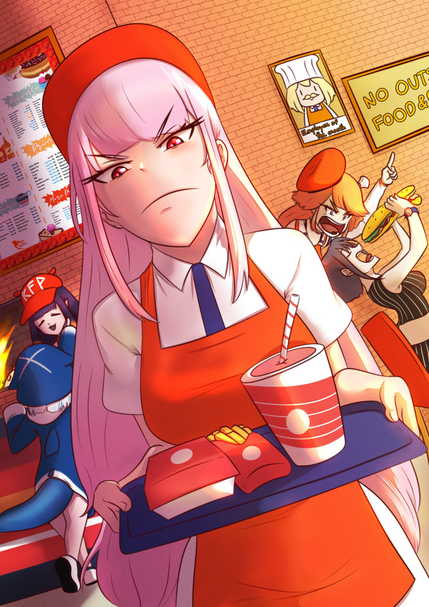 5girls absurdres animal_hood apron black_hair blue_hair breasts closed_eyes cup disposable_cup dutch_angle employee_uniform fast_food_uniform fish_tail food french_fries frown gawr_gura hat highres hololive hololive_english holykoshi hood large_breasts menu_board mori_calliope multicolored_hair multiple_girls ninomae_ina'nis orange_apron orange_hair ouro_kronii pink_hair pointing purple_hair red_eyes sandwich shark_hood shark_tail sign smile smol_ame streaked_hair submarine_sandwich tail takanashi_kiara two-tone_hair uniform v-shaped_eyebrows watch watch watson_amelia white_hair