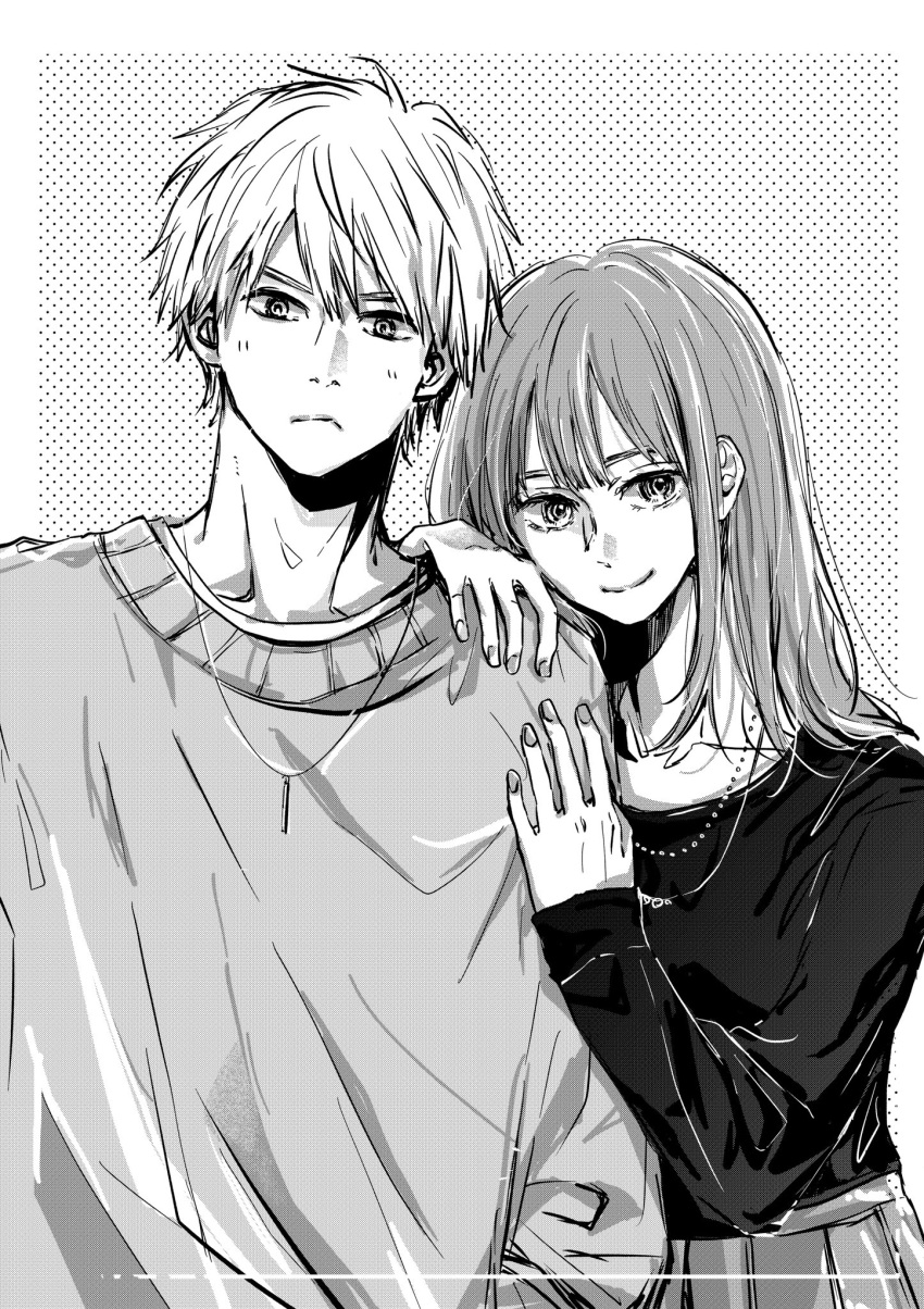 1boy 1girl bangs bead_necklace beads black_shirt chainsaw_man character_request collarbone denji_(chainsaw_man) dotted_background fingernails frown grey_hair grey_skirt greyscale hair_between_eyes hands_on_another's_shoulders highres jewelry leaning_on_person long_hair long_sleeves looking_at_viewer looking_to_the_side makima_(chainsaw_man) monochrome necklace pleated_skirt saitou_shiori_(pixiv14549321) shirt short_hair skirt sleeves_past_wrists smile sweater white_hair