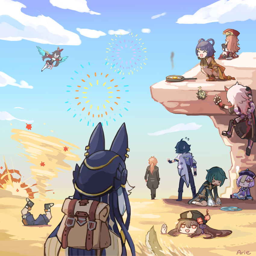 5girls 6+boys :d absurdres amber_(genshin_impact) arataki_itto arie_game backpack bag bennett_(genshin_impact) black_coat blue_hair blue_pants braid brown_gloves brown_hair buried chongyun_(genshin_impact) coat comedy cooking cyno_(genshin_impact) desert diluc_(genshin_impact) fireworks genshin_impact gloves gorou_(genshin_impact) hair_rings highres horns hu_tao_(genshin_impact) kaedehara_kazuha kaeya_(genshin_impact) klee_(genshin_impact) kneeling long_hair multiple_boys multiple_girls ofuda_on_head open_mouth pants pink_eyes pink_hair ponytail qiqi_(genshin_impact) red_eyes redhead sand scarab short_hair sky smile sweat white_hair wind_glider xiangling_(genshin_impact) xingqiu_(genshin_impact) yanfei_(genshin_impact) yoimiya_(genshin_impact)