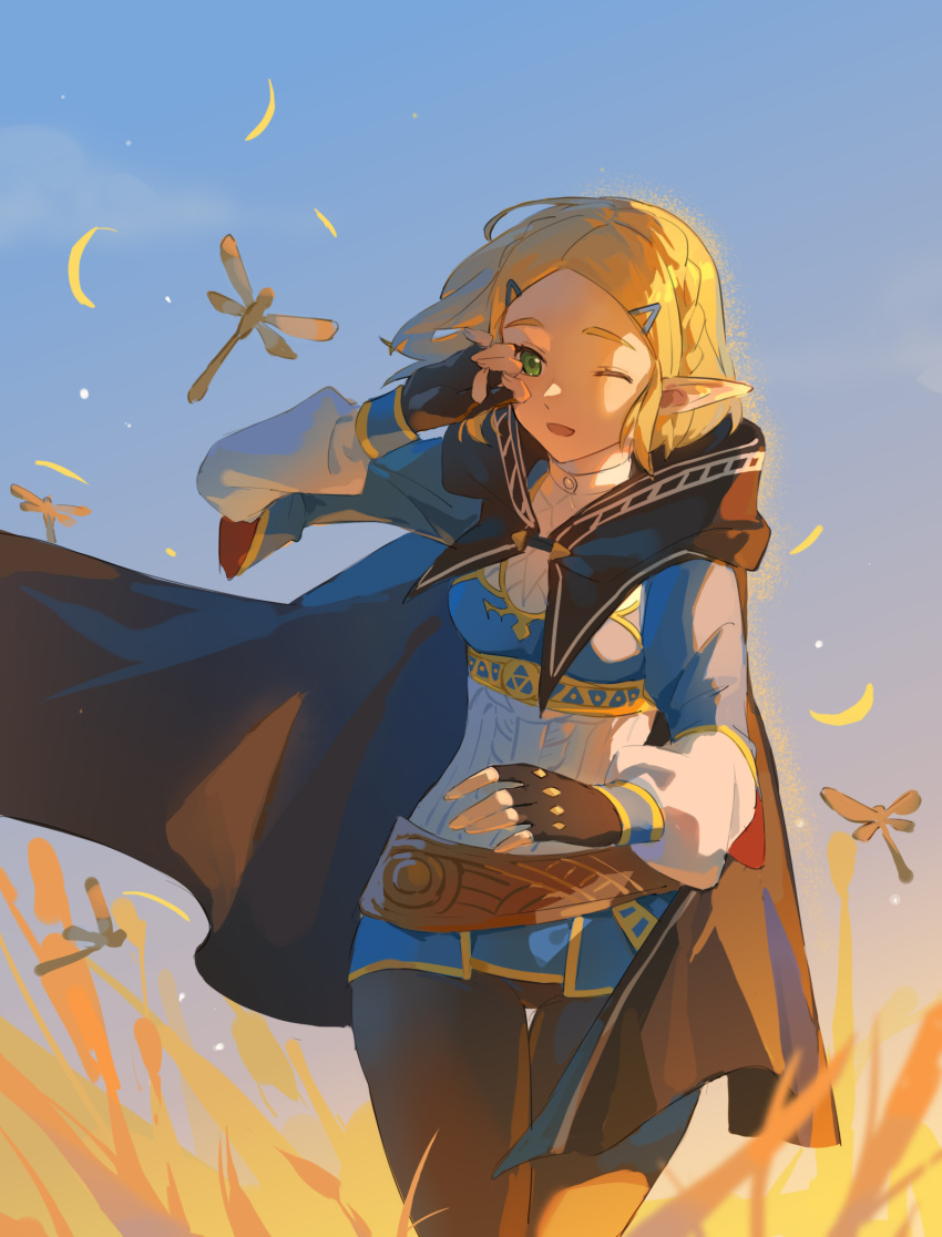 1girl bangs blonde_hair blush braid breasts bug butterfly cape crown_braid fingerless_gloves flower gloves green_eyes hair_ornament hairclip highres jewelry long_sleeves looking_at_viewer open_mouth parted_bangs pointy_ears princess_zelda short_hair smile solo the_legend_of_zelda the_legend_of_zelda:_breath_of_the_wild the_legend_of_zelda:_tears_of_the_kingdom wufaxianshi_cnd