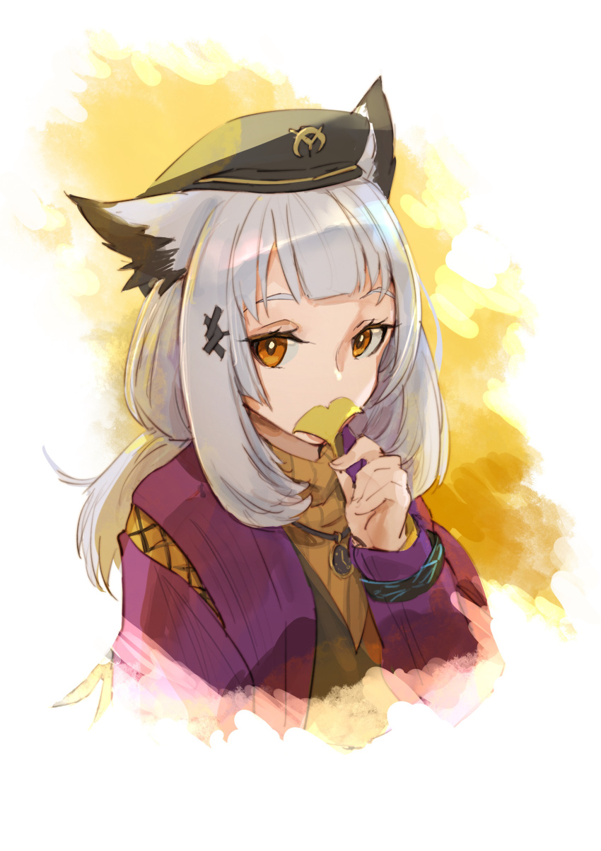 1girl absurdres animal_ears arknights bangs black_headwear brown_sweater covered_mouth cropped_torso e-bushi ginkgo_leaf grey_hair hair_ornament hat highres holding holding_leaf jacket leaf long_hair long_sleeves looking_at_viewer open_clothes open_jacket orange_eyes ptilopsis_(arknights) ptilopsis_(serenity)_(arknights) purple_jacket ribbed_sweater solo sweater turtleneck turtleneck_sweater upper_body