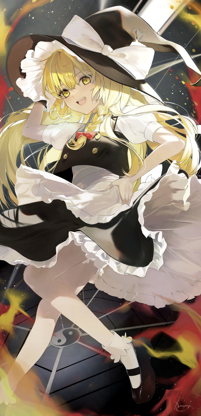1girl :d absurdres apron black_footwear black_headwear black_skirt black_vest blonde_hair blush bow braid buttons commentary foot_out_of_frame frilled_skirt frills hair_between_eyes hair_bow hand_on_headwear hand_on_hip hand_up hat hat_bow highres kamatoyu kirisame_marisa long_hair looking_at_viewer mary_janes open_mouth puffy_short_sleeves puffy_sleeves red_bow shirt shoes short_sleeves signature single_braid skirt skirt_set smile socks solo teeth tongue touhou upper_teeth very_long_hair vest waist_apron white_apron white_bow white_shirt white_socks witch_hat yellow_eyes