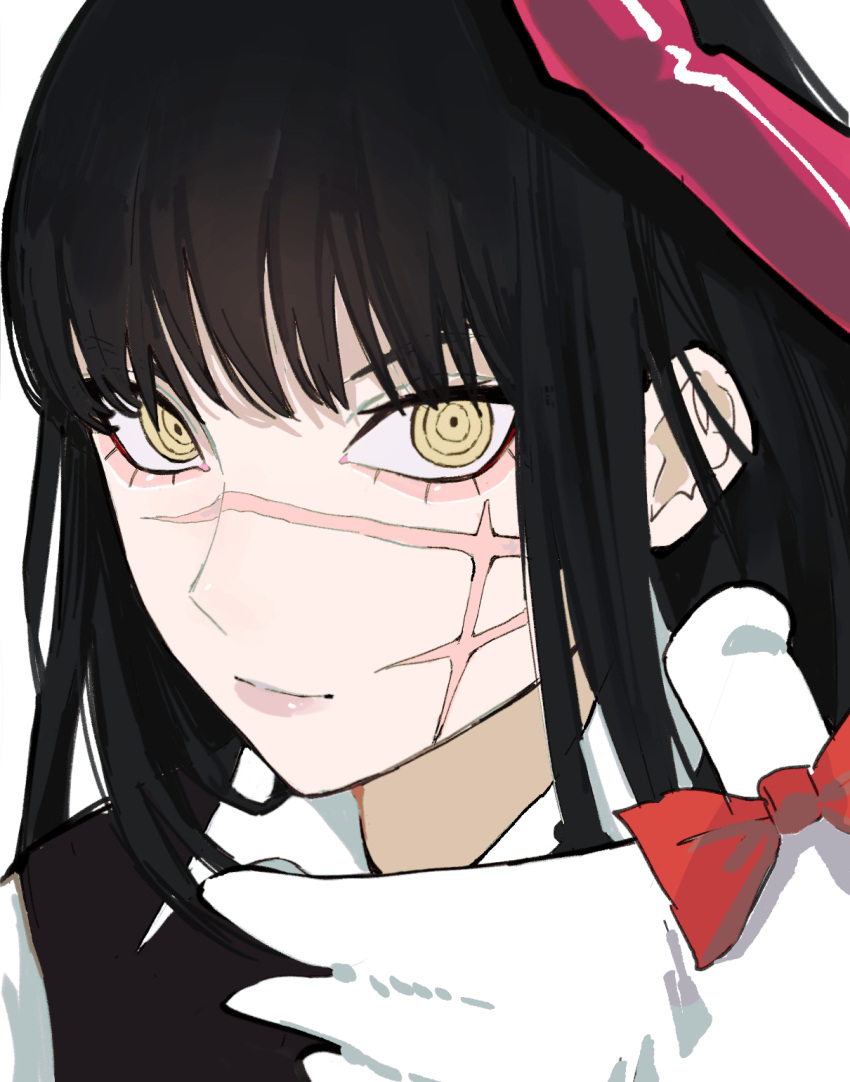 1girl 1other bangs bird black_hair bow bowtie bucky_(chainsaw_man) chainsaw_man chicken collared_shirt dress headless highres intestines long_hair looking_at_viewer pinafore_dress red_bow red_bowtie ringed_eyes sailen0 shirt simple_background solo_focus white_background yellow_eyes yoru_(chainsaw_man)