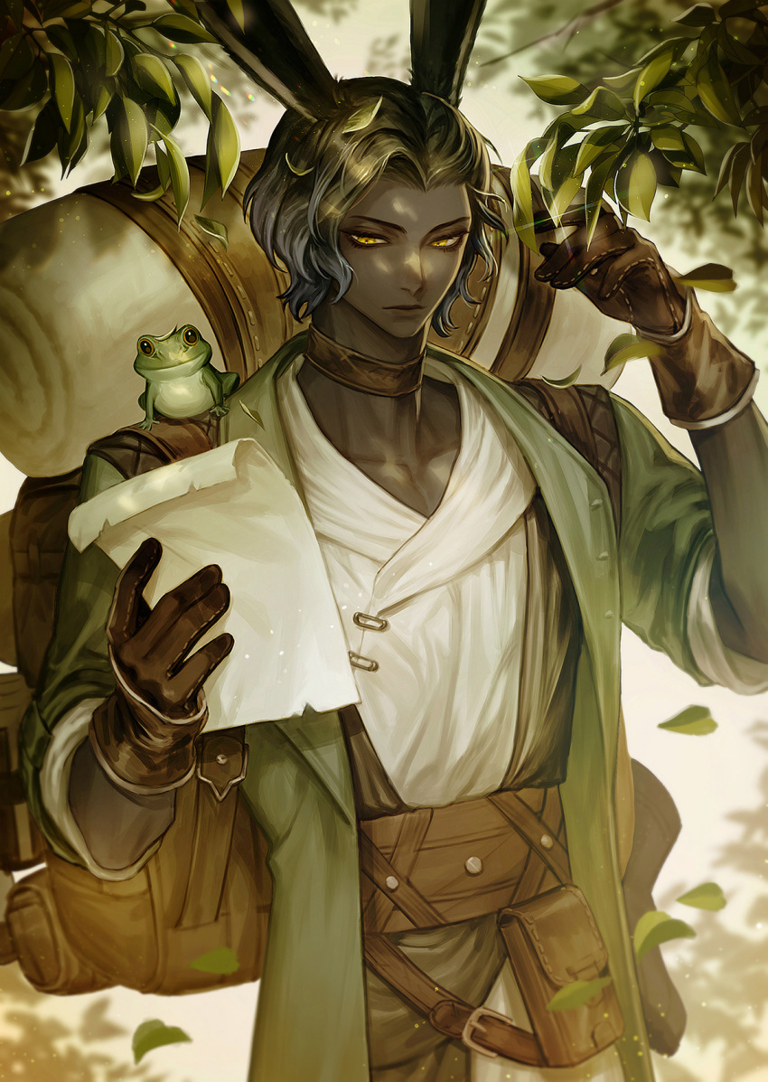 1boy animal_ears animal_on_shoulder backpack bag belt black_hair brown_choker brown_gloves choker coat collarbone colored_tips dappled_sunlight dark-skinned_male dark_skin day erenville falling_leaves final_fantasy final_fantasy_xiv frog glint gloves green_coat grey_hair half-closed_eyes hand_up highres holding holding_paper leaf looking_down male_focus mooraeng multicolored_hair on_shoulder outdoors paper pouch rabbit_ears shirt short_hair solo standing sunlight two-tone_hair upper_body viera wavy_hair white_shirt yellow_eyes