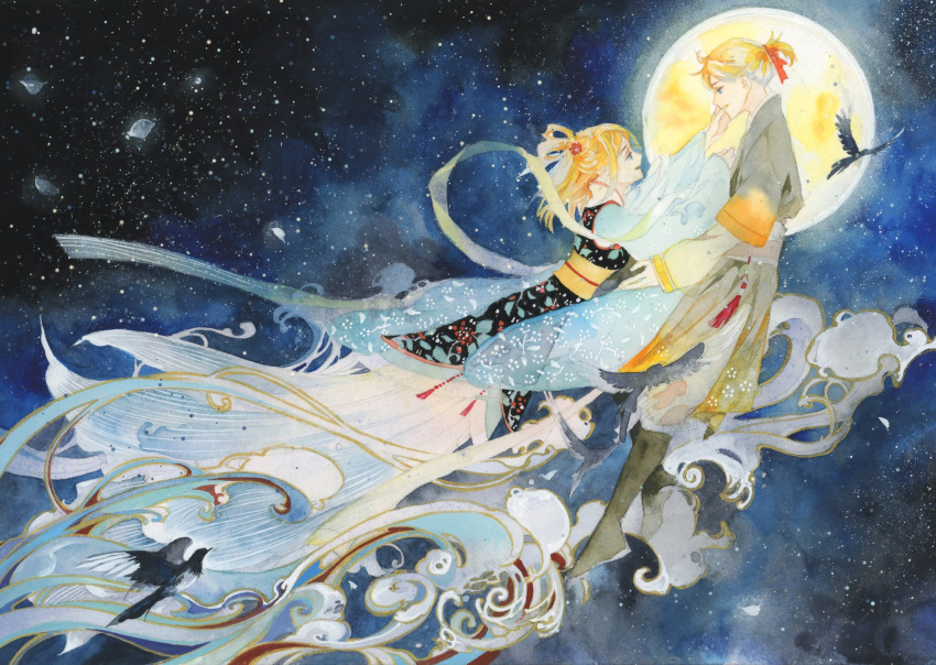 1boy 1girl animal bangs bird black_footwear blonde_hair boots couple floral_print flower flying from_side full_body full_moon hagoromo hair_ribbon hair_rings half_updo hetero highres imminent_hug kagamine_len kagamine_rin knee_boots layered_sleeves long_sleeves looking_at_another looking_away moon night night_sky obi outstretched_arms painting_(medium) pants pants_tucked_in petals plantar_flexion ponytail profile reaching red_flower red_ribbon ribbon robe sash see-through see-through_sleeves shawl short_over_long_sleeves short_sleeves sky smile star_(sky) starry_sky sundaetail tassel traditional_media vocaloid watercolor_(medium) waves wide_sleeves