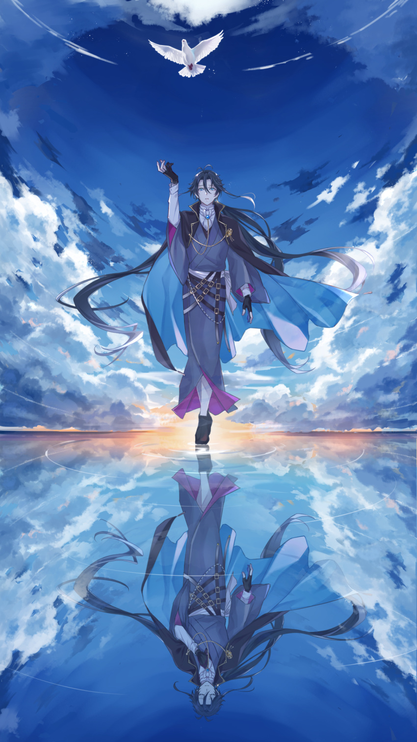 1boy akutagawa_ryuunosuke_(bungou_to_alchemist) antenna_hair arm_at_side arm_up ascot belt bird black_cape black_footwear black_gloves black_hair blue_eyes blue_sky brooch bungou_to_alchemist cape closed_eyes clouds different_reflection dove fingerless_gloves full_body gears gloves grey_kimono hair_between_eyes hand_on_own_chest highres japanese_clothes jewelry kimono lapel_pin looking_at_animal looking_up low_ponytail male_focus multiple_belts parted_lips partially_fingerless_gloves reflection ripples sachicoxx shirt sky solo standing standing_on_liquid sunrise two-sided_fabric water white_ascot white_shirt