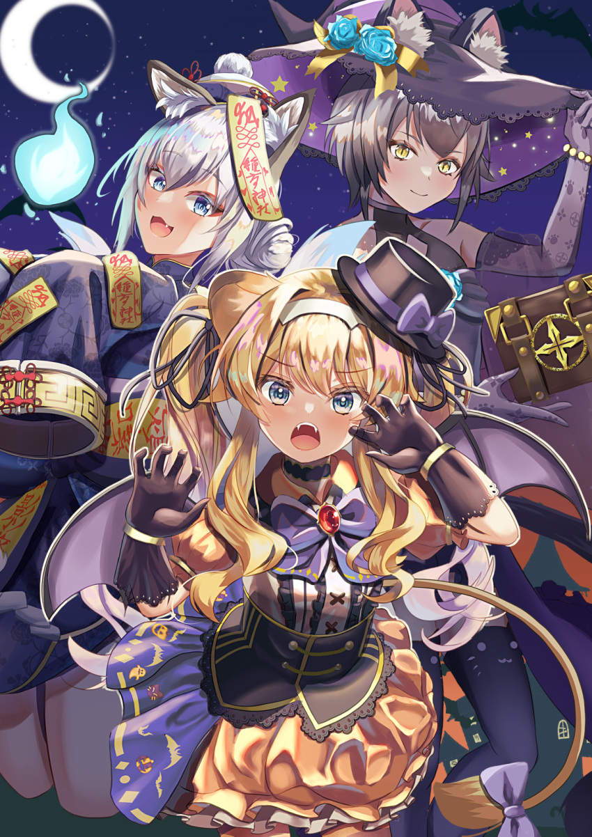 3girls :3 animal_ear_fluff animal_ear_legwear animal_ears bangs bat_wings black_gloves blonde_hair blue_eyes book bow brooch cat_ear_legwear cat_ears cat_girl chinese_clothes choker claw_pose corset crescent_moon elbow_gloves fangs flower fox_ears fox_girl gloves grey_hair hair_bun hair_ribbon halloween halloween_costume hat hat_flower highres inari_iroha jewelry jiangshi_costume jumping lion_ears lion_girl lion_tail long_hair moon multicolored_eyes multiple_girls nekozeno_shin neru_(eleonore_234) night night_sky noripro ofuda open_mouth puffy_short_sleeves puffy_sleeves regrush_lionheart ribbon short_hair short_sleeves sidelocks sky sleeves_past_fingers sleeves_past_wrists slit_pupils smile tail thigh-highs top_hat twintails virtual_youtuber wings witch_hat yellow_eyes