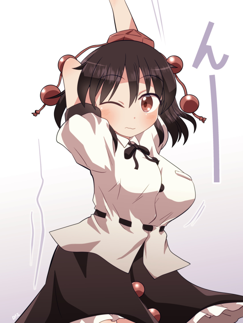1girl arms_up black_hair black_skirt blush breasts buttons closed_mouth collared_shirt hair_between_eyes hat highres large_breasts motion_lines one_eye_closed pleated_skirt red_eyes red_headwear rokugou_daisuke shameimaru_aya shirt short_hair short_sleeves signature skirt solo tokin_hat touhou white_shirt