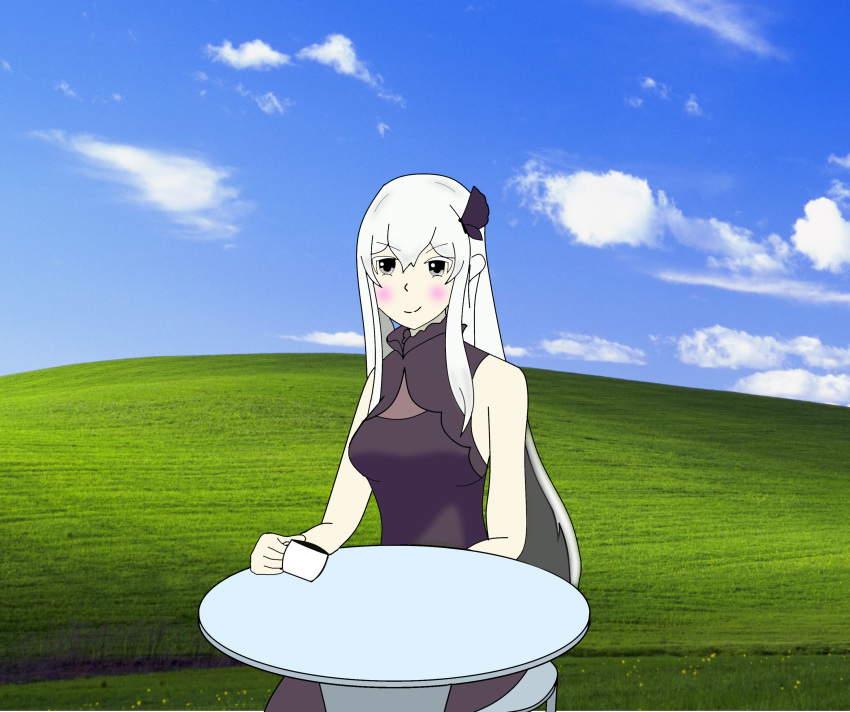 botaro_kubo drinking_cup echidna_(re:zero) long_hair re:zero_kara_hajimeru_isekai_seikatsu sitting smile white_hair