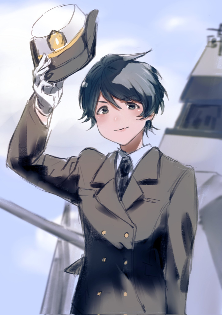 1girl bangs black_eyes black_hair black_jacket black_necktie buttons closed_mouth day gbfwakannnaiman gloves hair_between_eyes hat highres holding holding_clothes holding_hat jacket kantai_collection looking_at_viewer military military_uniform mogami_(kancolle) necktie outdoors ship shirt short_hair sky solo uniform upper_body watercraft white_gloves white_shirt