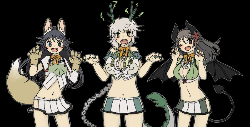 3girls :d ;d amagi_(kancolle) animal_costume animal_ears black_background black_hair blue_eyes braid breasts brown_eyes brown_hair claw_pose cleavage_cutout clothing_cutout commentary cowboy_shot demon_girl demon_horns demon_tail demon_wings dragon_costume dragon_horns expressionless fake_animal_ears fake_tail fangs grey_hair hair_ornament high_ponytail horns kantai_collection katsuragi_(kancolle) large_breasts leaf leaf_hair_ornament long_hair looking_at_viewer m0tik0 maple_leaf midriff miniskirt mole mole_under_eye multiple_girls navel one_eye_closed pleated_skirt ponytail sachilko_(motiko) simple_background single_braid skirt small_breasts smile tail unryuu_(kancolle) very_long_hair werewolf_costume wings wolf_ears wolf_tail yellow_eyes