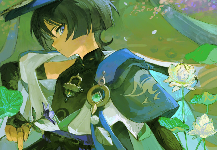 1boy arm_armor arm_up bangs belt black_belt black_bow black_hair black_shirt blue_headwear blue_vest blunt_ends bow closed_mouth fingernails flower gem genshin_impact gold green_background green_gemstone green_theme grey_vest hair_between_eyes hand_up hat highres jewelry jingasa leaf looking_at_viewer male_focus mandarin_collar necklace official_alternate_costume open_clothes open_vest petals pointing pom_pom_(clothes) purple_belt purple_flower ring scaramouche_(genshin_impact) scaramouche_(wanderer)_(genshin_impact) shirt short_hair short_sleeves solo two-tone_vest vest violet_eyes vision_(genshin_impact) white_flower yomotsu00