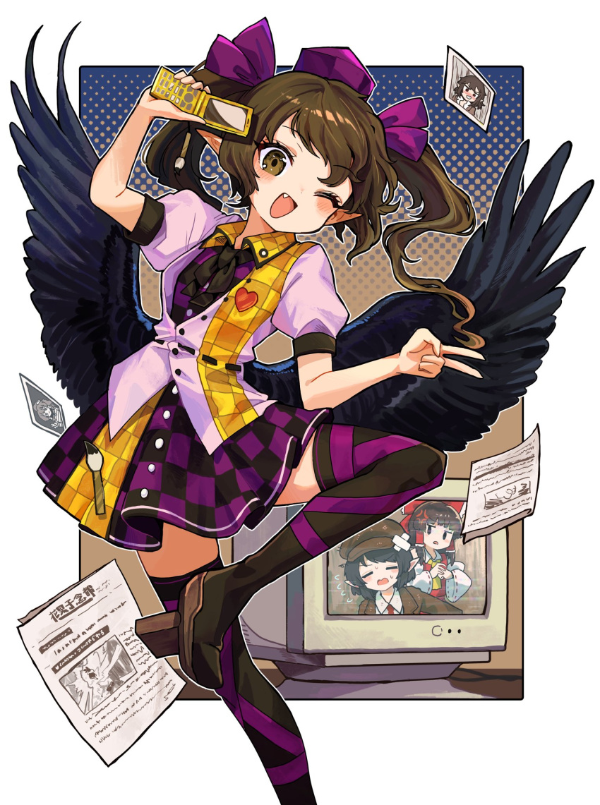 1girl bird_wings black_skirt black_thighhighs black_wings blush brown_eyes brown_hair buttons cellphone checkered_clothes checkered_skirt collared_shirt fang feathered_wings foul_detective_satori geta hakurei_reimu hat highres himekaidou_hatate holding holding_phone howhow_notei long_hair miyadeguchi_mizuchi monitor one_eye_closed open_mouth phone photo_(object) pink_shirt pointy_ears puffy_short_sleeves puffy_sleeves purple_headwear purple_skirt shameimaru_aya shirt short_sleeves skirt smile solo tengu-geta thigh-highs touhou twintails v wings