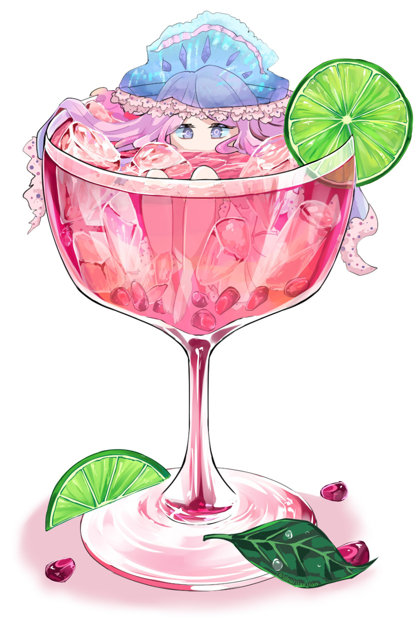 1girl absurdres dress food fruit hat highres ice ice_cube lahaijiaojiao leaf lime_(fruit) long_hair no_nose original personification pink_hair portuguese_man_o'_war shadow simple_background solo violet_eyes white_background white_dress