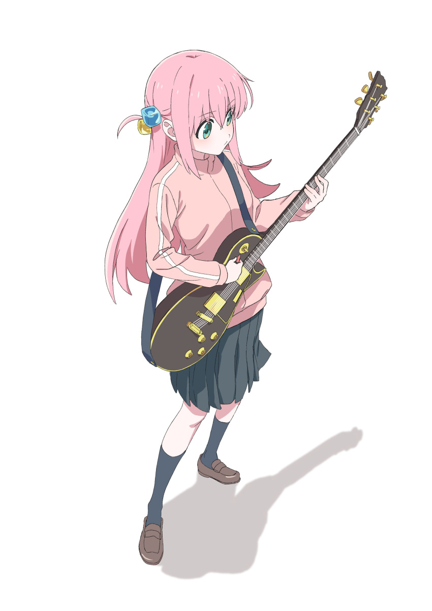1girl absurdres bangs black_skirt black_socks blue_eyes bocchi_the_rock! commentary_request cube_hair_ornament electric_guitar full_body gibson_les_paul gotou_hitori guitar hair_cubes hair_ornament highres instrument jacket jersey kneehighs loafers long_hair masuo_(masdlivelove) music one_side_up pink_hair pink_jacket plaid plaid_skirt playing_instrument shadow shoes skirt socks solo track_jacket white_background