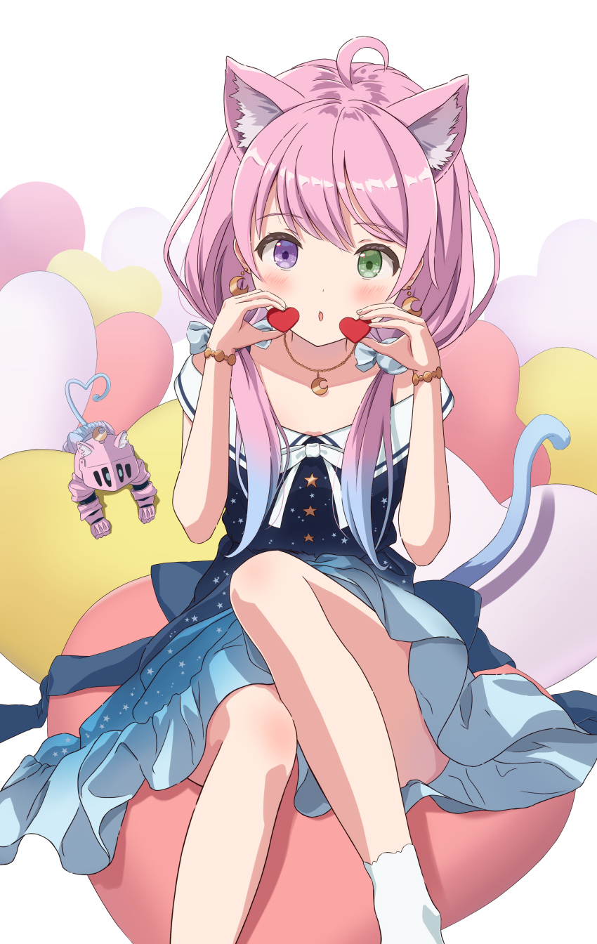 1girl :o absurdres ahoge animal_ear_fluff animal_ears blue_dress blush cat_ears cat_girl cat_tail crescent crescent_earrings crescent_necklace dress earrings gradient_hair green_eyes heterochromia highres himemori_luna hololive jewelry long_hair looking_at_viewer low_twintails luknight_(himemori_luna) medium_dress multicolored_hair necklace off-shoulder_dress off_shoulder open_mouth pink_hair pleio print_dress purple_hair revision sailor_collar sailor_dress sitting socks solo star_(symbol) star_print tail twintails violet_eyes virtual_youtuber white_sailor_collar white_socks
