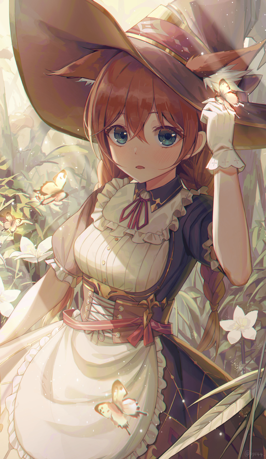 1girl absurdres animal_ears apron aqua_eyes bangs blush brown_butterfly brown_dress brown_headwear collared_dress cowboy_shot crossed_bangs dress flower forest fox_ears frilled_sleeves frills gloves hat highres holding holding_clothes holding_hat looking_at_viewer nature neck_ribbon open_mouth original plant ppi44 puffy_sleeves red_ribbon redhead ribbon solo standing sunlight white_apron white_flower white_gloves witch witch_hat