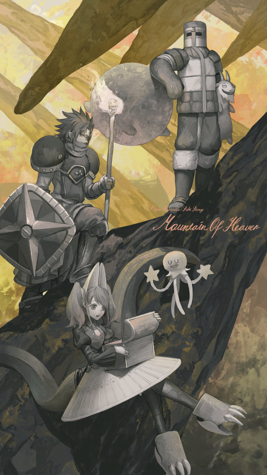 1girl 2boys animal_ears armor boots carrying chainmail coat copyright_name goat helmet highres holding holding_shield inue_(mountain_of_heaven) long_sleeves multiple_boys pixiv_fantasia pixiv_fantasia_mountain_of_heaven puffy_long_sleeves puffy_sleeves rackety scarf shield short_twintails skirt spiky_hair standing tail torch treasure_chest twintails