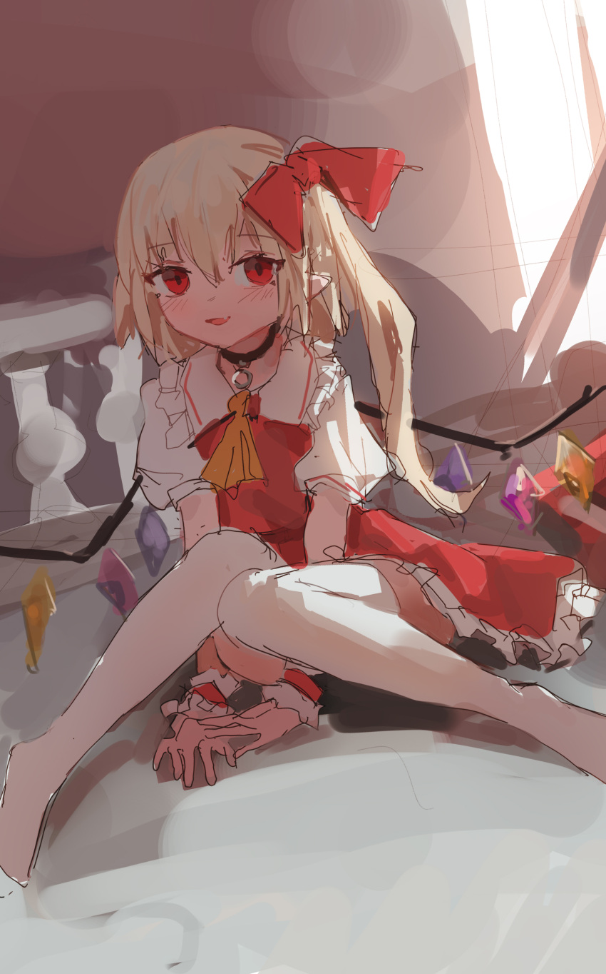 1girl :d absurdres arm_support ascot backlighting bangs black_choker blonde_hair blush bow choker crystal dutch_angle empty_eyes fang flandre_scarlet frilled_shirt_collar frills hair_between_eyes hair_bow highres indoors jewelry knees_together_feet_apart long_hair looking_at_viewer low_wings no_headwear no_shoes o-ring o-ring_choker on_floor own_hands_together parted_lips pendant pendant_choker petticoat pointy_ears puffy_short_sleeves puffy_sleeves railing red_bow red_eyes red_skirt red_vest reddizen shade short_sleeves side_ponytail sitting sketch skirt skirt_set slit_pupils smile solo sunlight thigh-highs touhou vest white_thighhighs window wing_collar wings wrist_cuffs yellow_ascot zettai_ryouiki