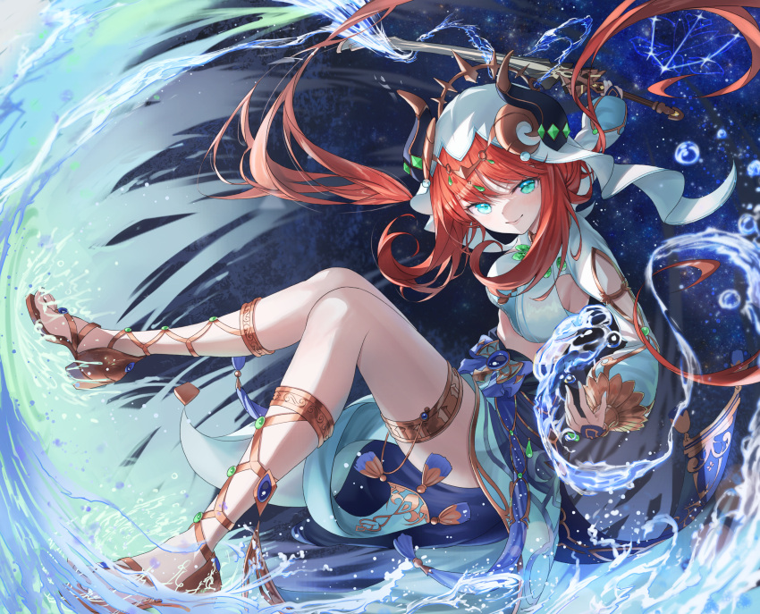 1girl absurdres atatatatame01 bangs blue_eyes blue_skirt breasts circlet closed_mouth clothing_cutout crop_top floating_hair genshin_impact gladiator_sandals gold_footwear gold_trim harem_outfit highres holding holding_sword holding_weapon horns jewelry knees_together_feet_apart legs long_hair long_sleeves looking_at_viewer medium_breasts neck_ring nilou_(genshin_impact) parted_bangs puffy_long_sleeves puffy_sleeves redhead sandals sidelocks skirt smile solo sword thighlet toes twintails veil water weapon white_headwear